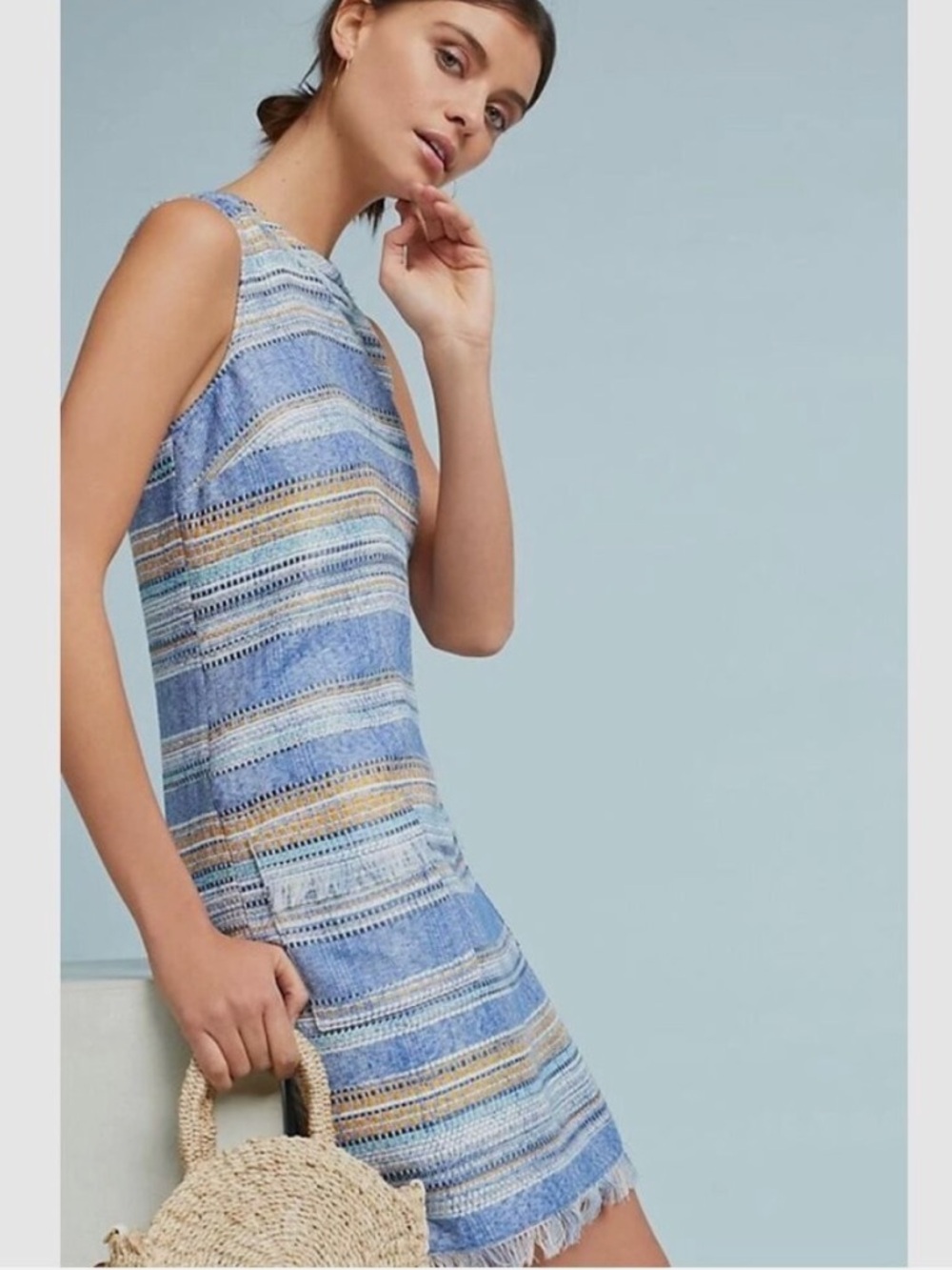 Anthropologie Akemi + Kin Blue Striped Tweed Shift Sleeveless Fringe Dress 6